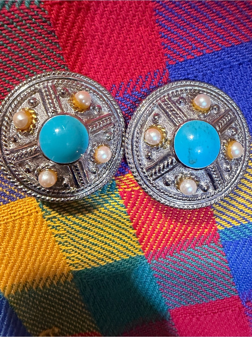 Vintage Turquoise and Pearl Round Statement Clip On Earrings